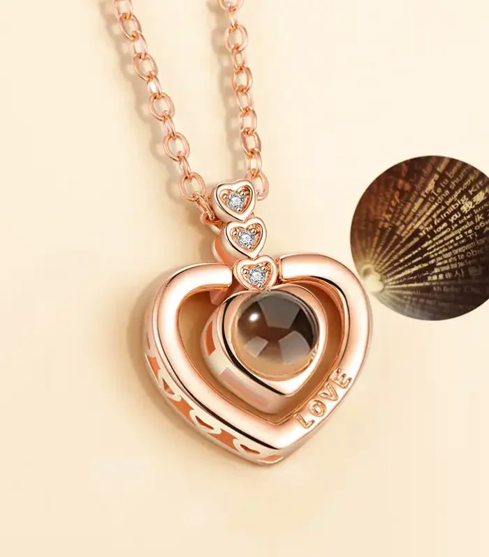 "I Love You" 100 Languages Projection Pendant in Rose Gold Finish