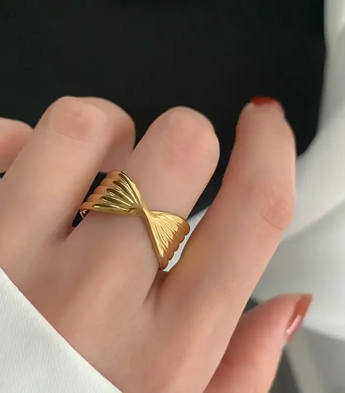 18K Gold Plated Statement Bow Ring | Sculptural Twisted Ribbon Band | Modern Textured Gold Jewellery for Women