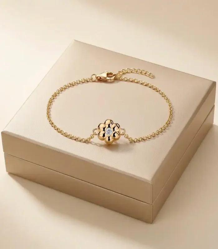 Dainty Gold Floral Bracelet with Sparkling Crystal – Blossom Chain Jewellery