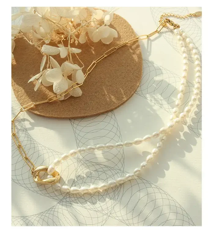 Asymmetric Pearl & Paperclip Chain Necklace – 18K Gold Plated Split Design