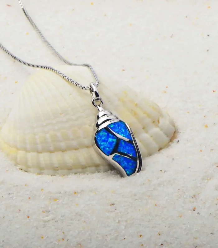 Silver Plated Shell Pendant Necklace with Blue Opal Inlay