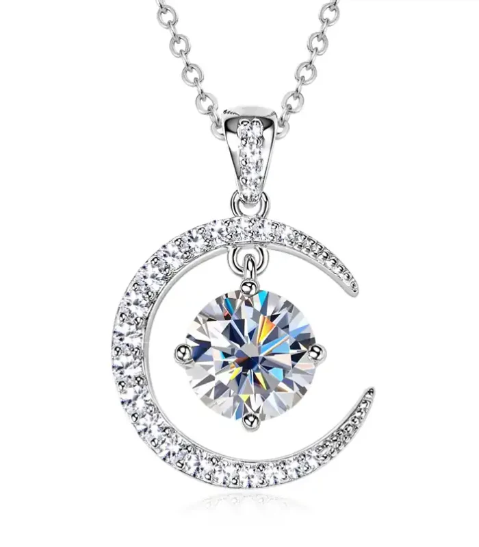 Celestial Moon & Star Moissanite Pendant – D Color VVS1 Sterling Silver Necklace