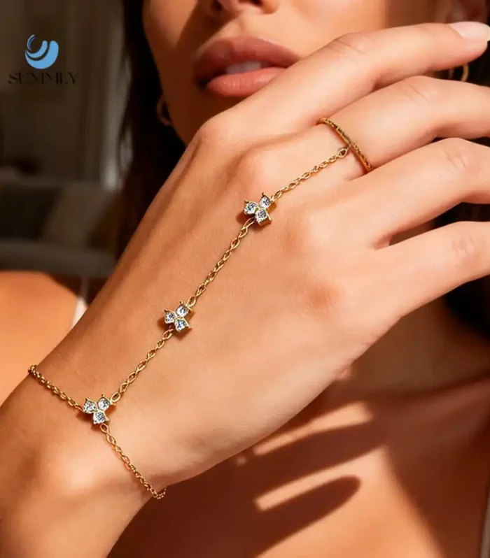 Gold-Tone Crystal Clover Hand Chain – Boho Finger Bracelet