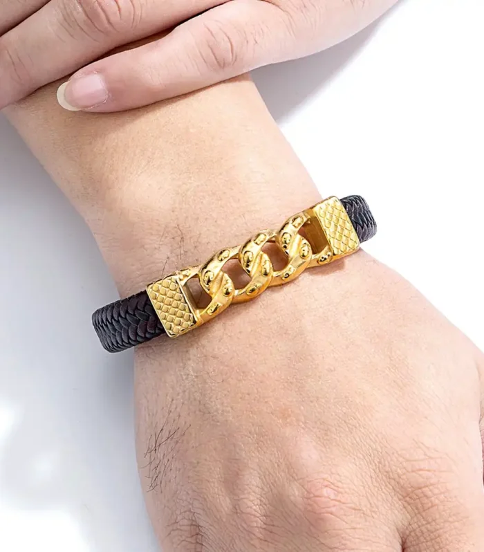 Cuban Link Braided Leather Bracelet – Urban Industrial Stainless Steel Wristband for Men