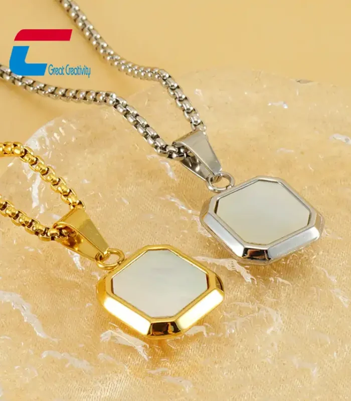 Geometric Natural Stone Pendant – Stainless Steel Square Signet Necklace for Men & Women