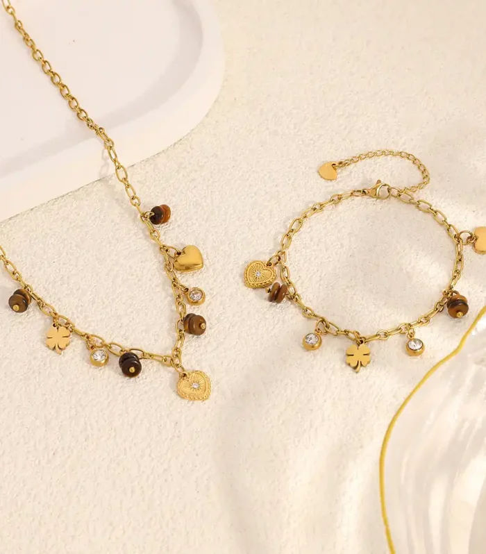 Gold Clover & Heart Charm Jewellery Set | Tiger’s Eye & Crystal Pendant Necklace and Bracelet | Gold Plated Stainless Steel Luck & Love Collection