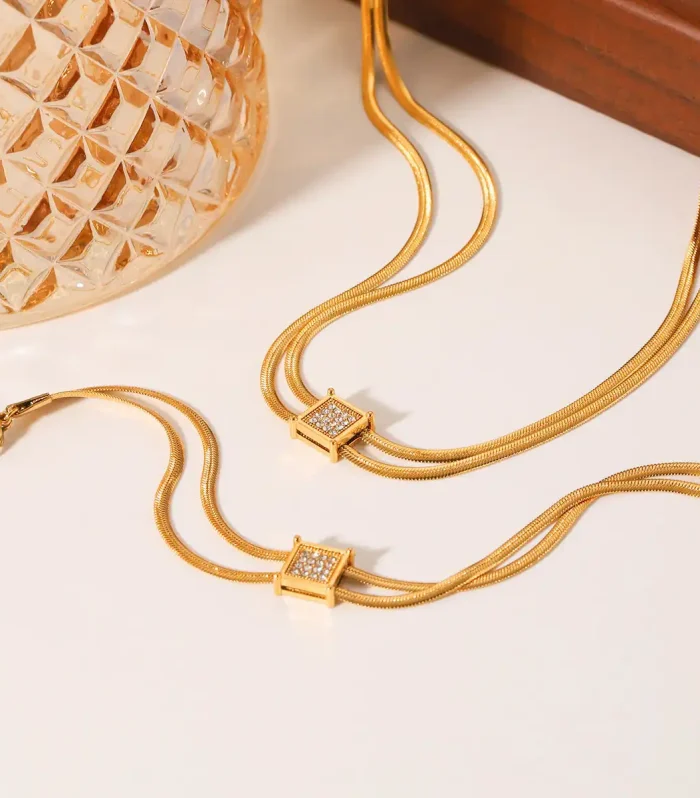 Gold Double Layer Snake Chain Set with Crystal Pave Square Pendant