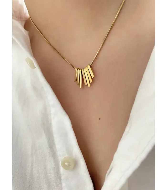 Gold Plated Multi-Bar Fan Pendant Necklace with Snake Chain