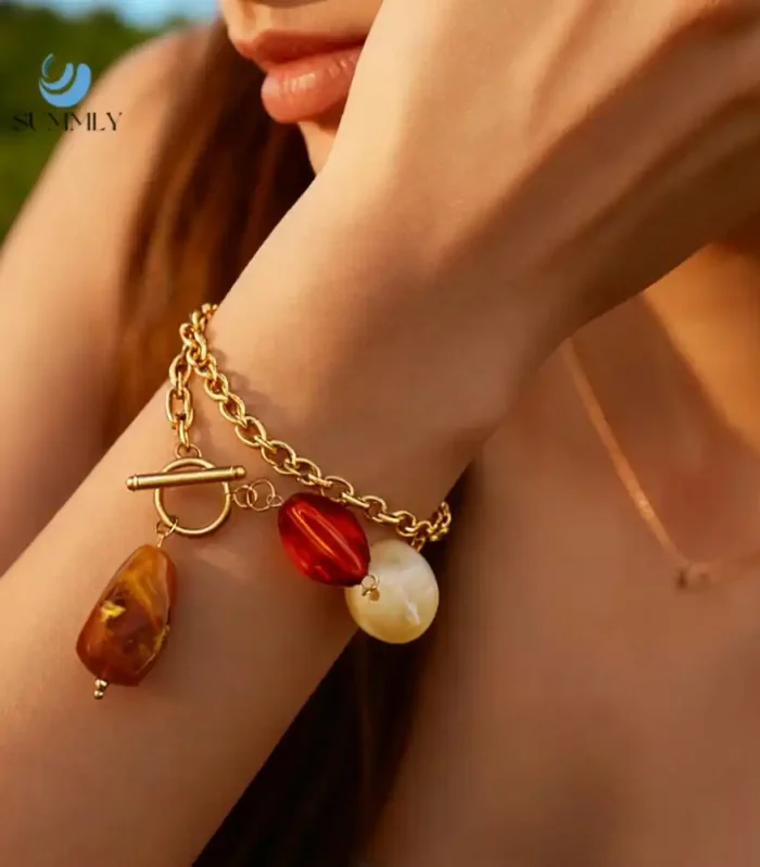Gold T-Bar Charm Bracelet with Amber-Tone Resin Stones | Boho-Chic Chunky Link Bracelet | Earthy Statement Jewellery