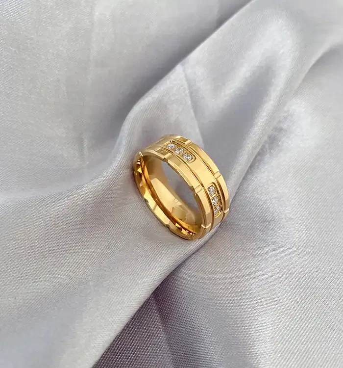 Gold-Tone Grooved Band Ring with Cubic Zirconia