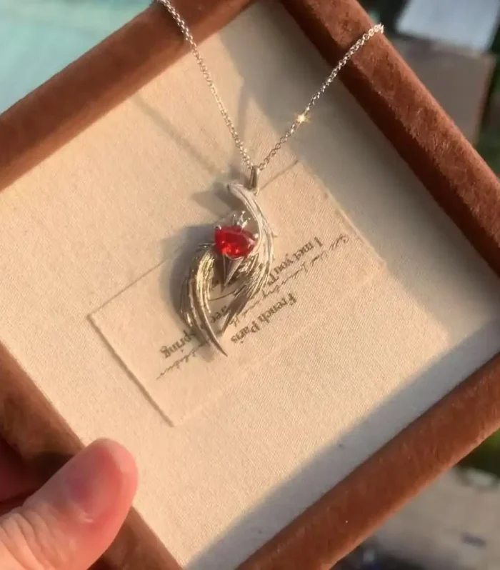 Guardian Angel Wings Heart Pendant – Red Zirconia & Silver-Tone Crown Necklace