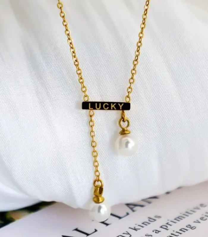 Lucky Bar & Pearl Drop Lariat Necklace