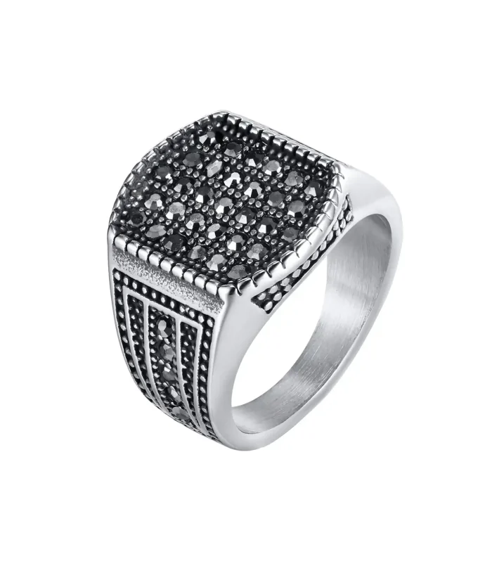 Men's Vintage Silver Stainless Steel Square Signet Ring with Black Zirconia Pave