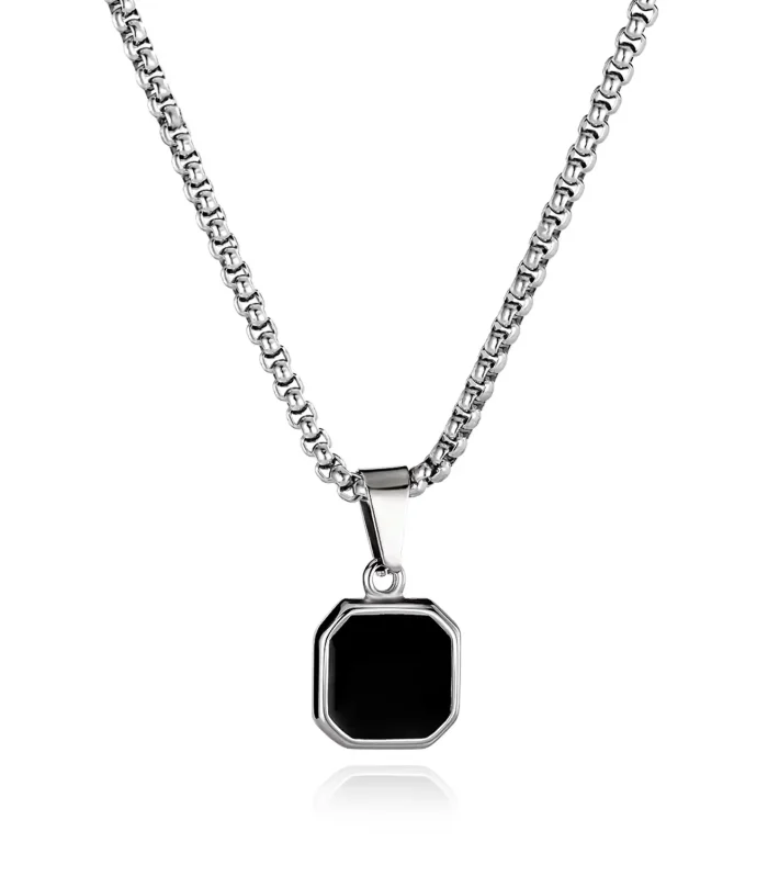 Men's Geometric Onyx-Style Pendant Necklace – Polished Stainless Steel Box Chain