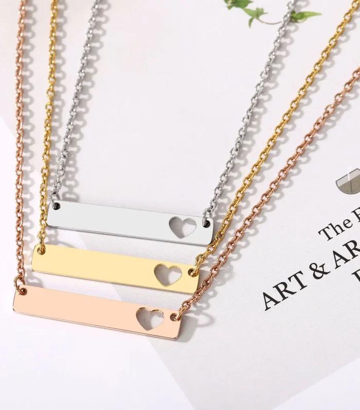 Personalised Heart Cut-Out Bar Necklace | Minimalist Engravable Pendant in Gold, Silver & Rose Gold