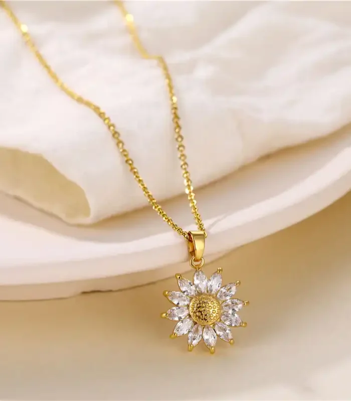 Radiant Sunflower Crystal Necklace – Gold-Plated Stainless Steel Floral Pendant