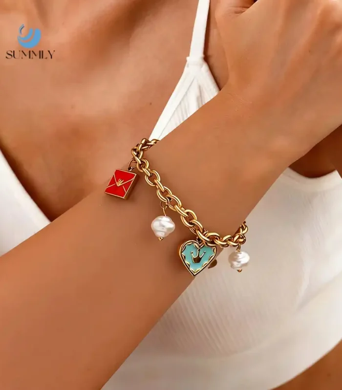 Vintage-Style Love Letter & Pearl Charm Bracelet – Gold Enamel Jewellery