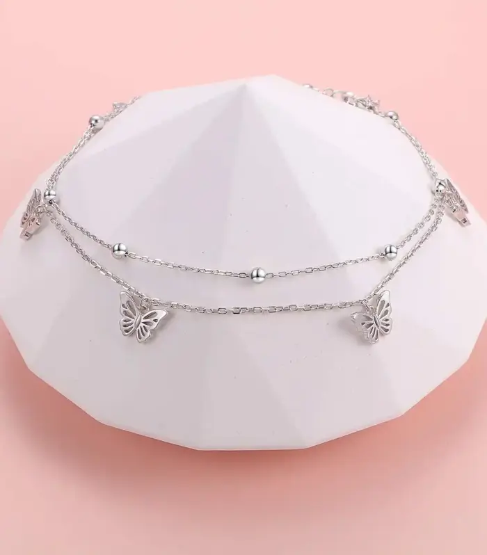 925 Sterling Silver Double Chain Butterfly Charm Anklet