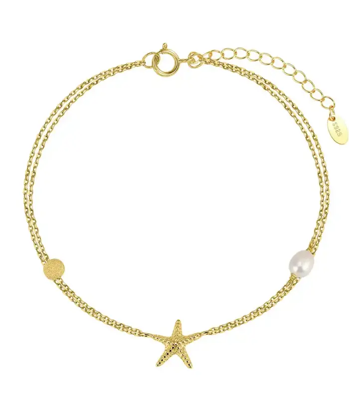 S925 Sterling Silver Double Chain Starfish Anklet with Pearl