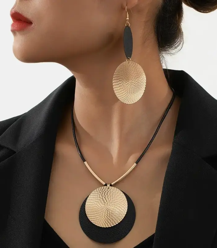Black & Gold Disc Pendant Cord Necklace and Drop Earring Set