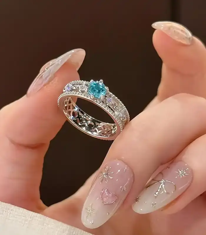 Blue CZ Wide Band Openwork Cocktail Ring in Silver
