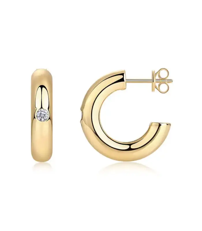 Chunky Tube Hoop Earrings with Bezel Crystal Accent, Gold