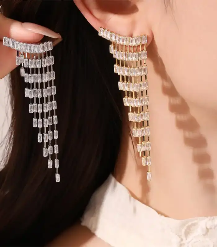 Crystal Baguette Tassel Ear Crawler Drop Earrings