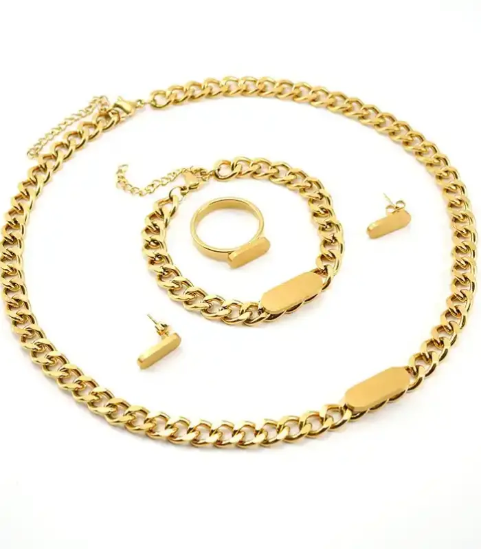 Cuban Link Chain Necklace Bracelet Ring and Stud Earring Set