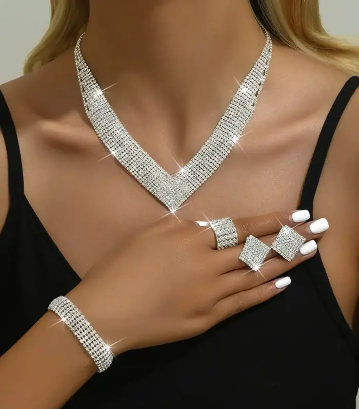 Diamante V-Shape Statement Jewellery Set, Necklace to Ring