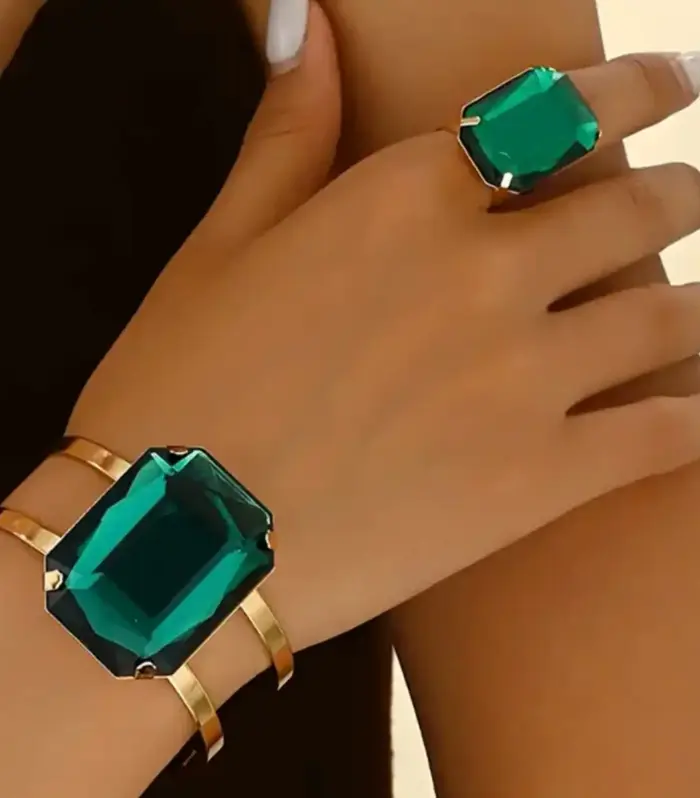Emerald-Cut Crystal Stone Cuff Bangle & Cocktail Ring Set