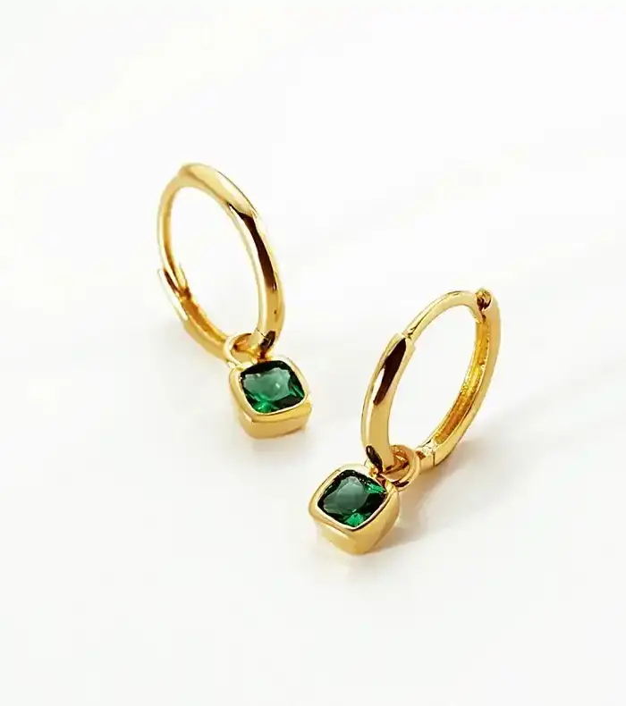 Emerald-Green Crystal Charm Huggie Hoop Earrings, Gold
