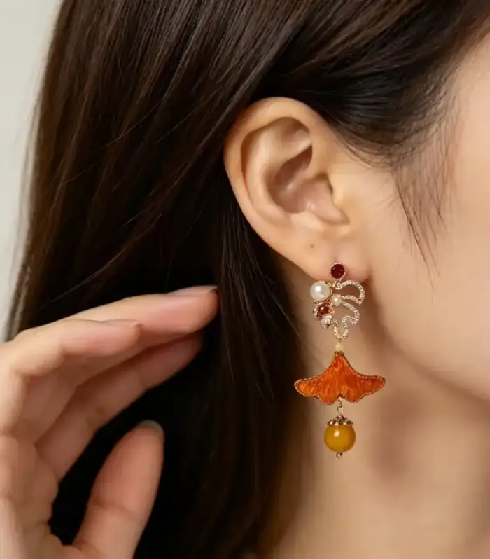 Enamel Gingko Leaf Drop Earrings with Pearl and Crystal Detail