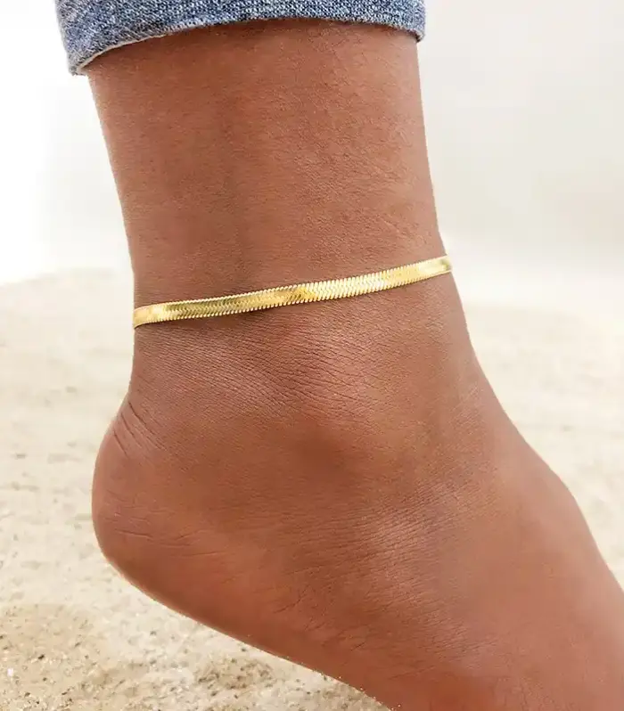 Flat Herringbone Chain Anklet with CZ Extender Drop