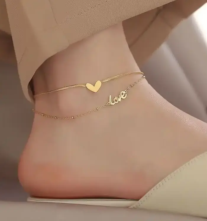 Gold Double-Layer Anklet with Heart and Love Charms