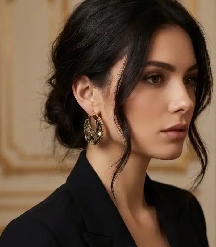 Gold Hoop Earrings with Abalone Shell Mosaic