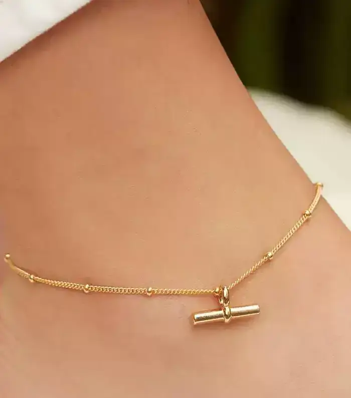 Gold Satellite Chain Anklet with T-Bar Charm