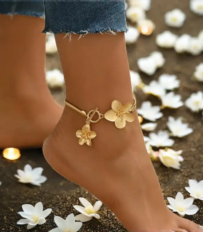 Gold Snake Chain Anklet with Toggle Clasp and Flower Charms