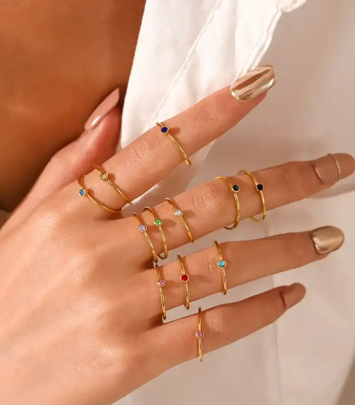 Gold-Tone Birthstone Stacking Ring With Bezel-Set Crystal