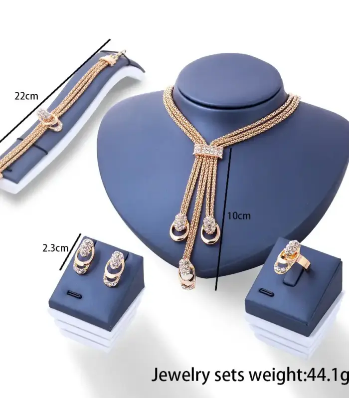 Gold-Tone Multi-Chain Tassel Crystal Four-Piece Jewellery Set