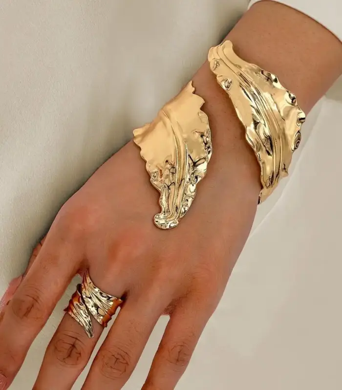 Gold-Tone Sculpted Molten Cuff Bangle and Cocktail Ring Set