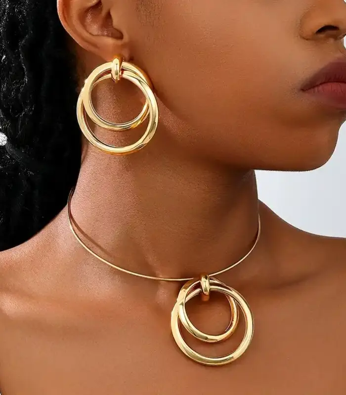 Gold-Tone Triple Hoop Ring Wire Choker Necklace & Drop Earring Set