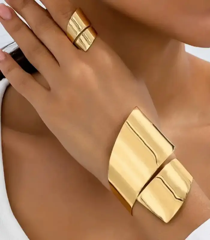 Gold-Tone Wide Wrap Cuff Bangle and Open Ring Set
