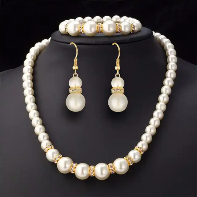 Graduated Pearl & Crystal Rondelle Necklace, Bracelet and Earring Set
