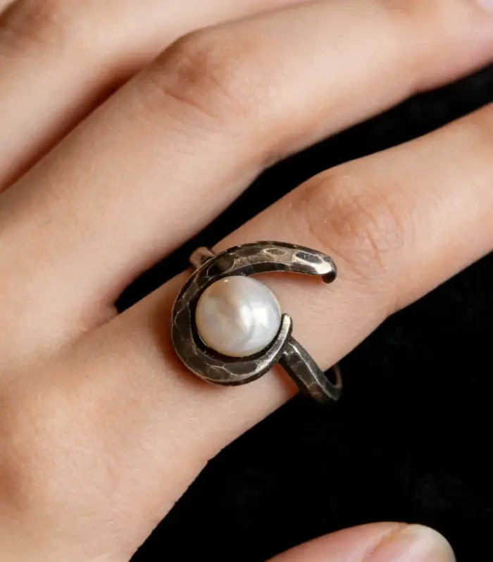 Hammered Swirl Open Band Freshwater Pearl Ring
