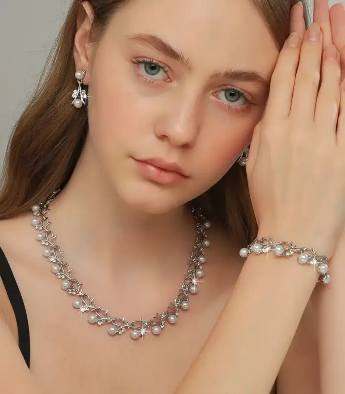 Pearl & Crystal Vine Branch Three-Piece Bridal Jewellery Set