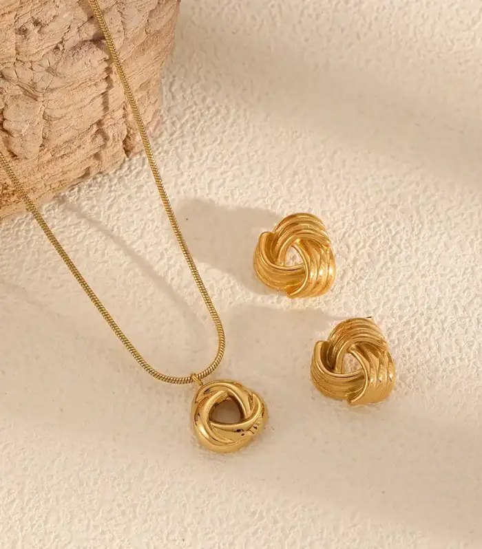 Gold-Tone Knot Pendant Snake Chain Necklace and Stud Earring Set