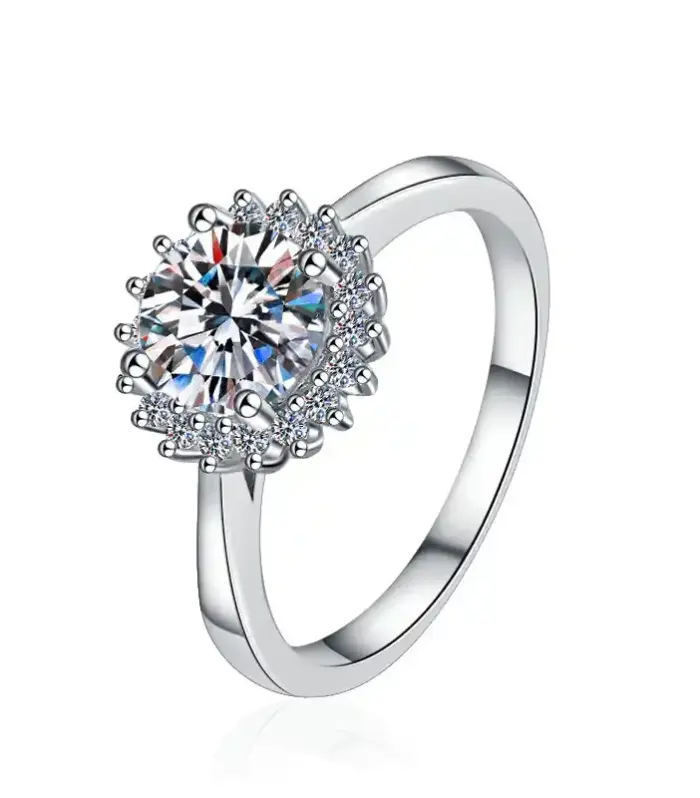 Sunburst Halo Solitaire Ring in Sterling Silver