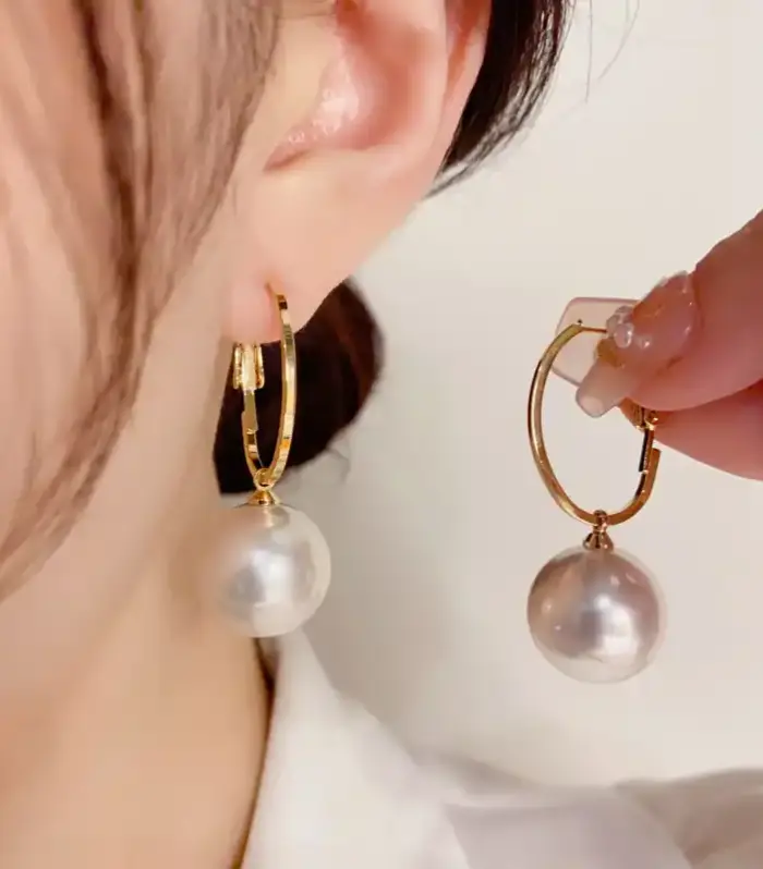 Large Faux Pearl Gold Hoop Drop Earrings