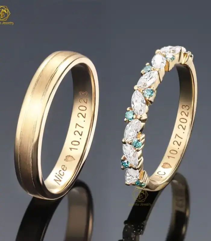 Moissanite Marquise Eternity Band and Brushed Gold Band Wedding Ring Set