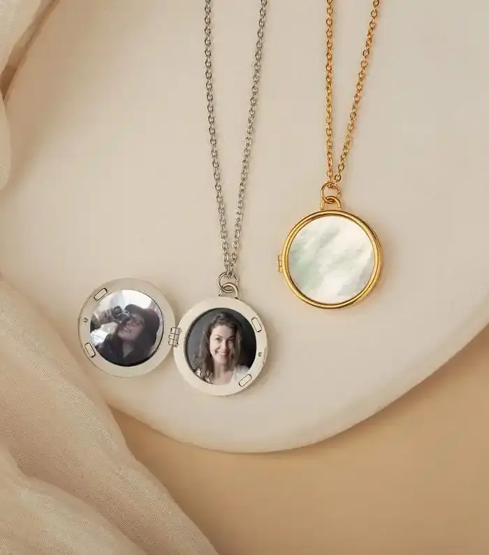 Mother of Pearl Round Photo Locket Necklace with Engraving